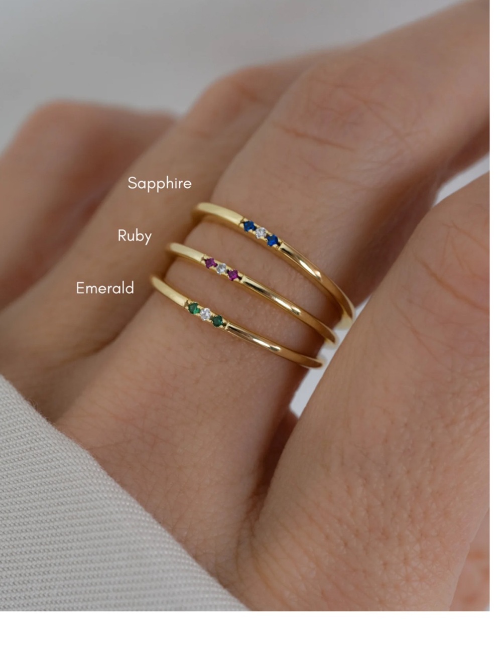 NEW Emerald Sapphire Ruby 3-Stone Diamond Rings in 925 Silver Priced Separately